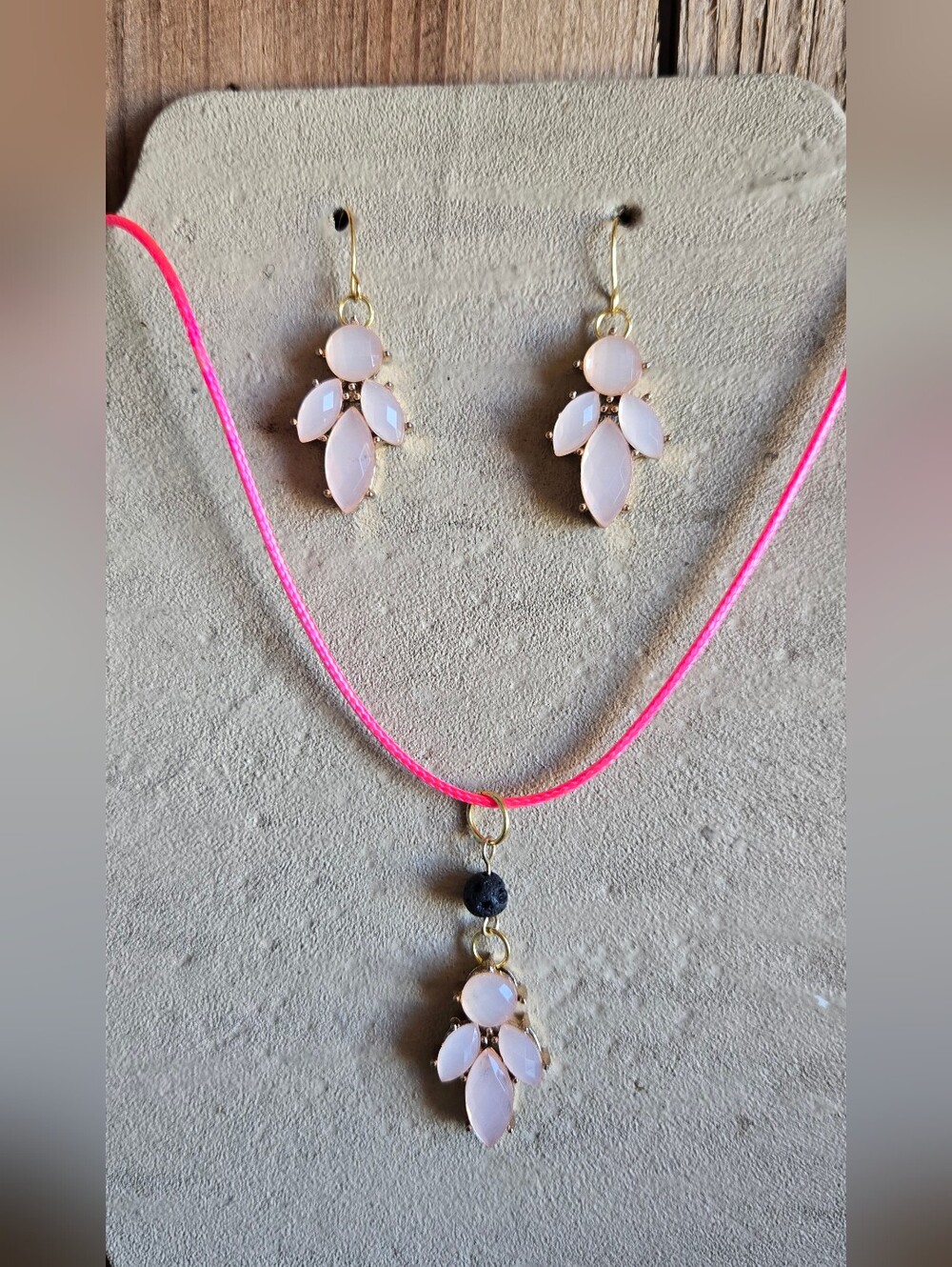 Repurposed Blush Pink Floral Aromatherapy Necklace & Earrings Set